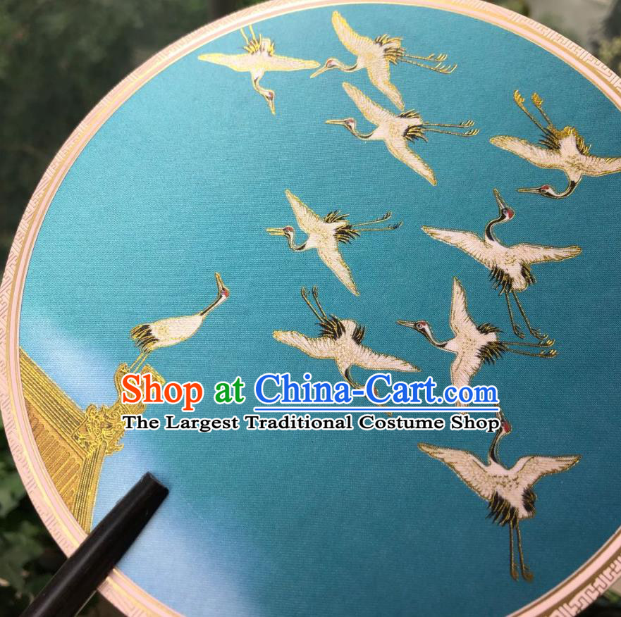 Chinese Classical Blue Silk Palace Fan Ancient Palace Lady Fans Accessories Song Dynasty Princess Painting Cranes Round Fans