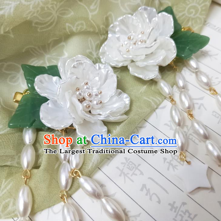 Chinese Ancient Princess White Camellia Hairpins Hair Accessories Handmade Ming Dynasty Shell Pearls Tassel Hair Sticks