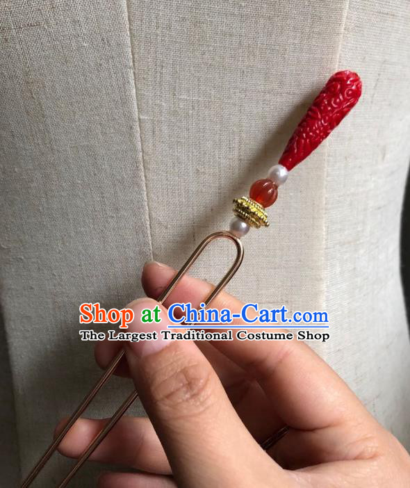 Chinese Ancient Empress Agate Hairpins Hair Accessories Handmade Ming Dynasty Court Red Hair Stick