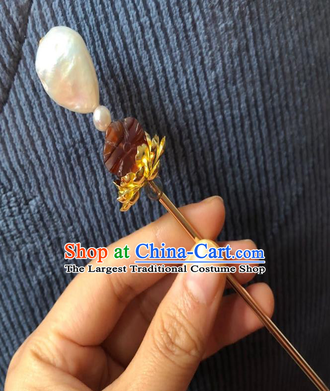 Chinese Ancient Empress Agate Plum Hairpins Hair Accessories Handmade Ming Dynasty Court Pearl Hair Stick