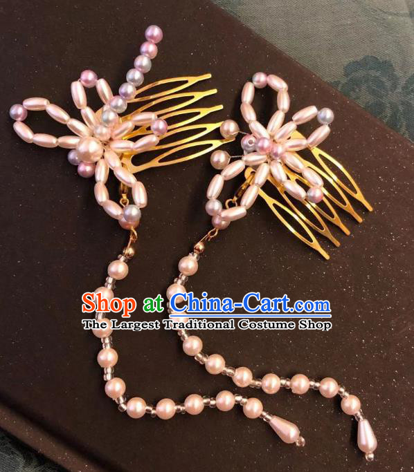 Chinese Ancient Palace Princess Hairpins Hair Accessories Handmade Ming Dynasty Court Pink Pearls Butterfly Tassel Hair Comb