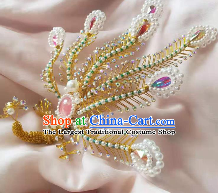 Chinese Ancient Imperial Concubine Golden Hairpins Hair Accessories Handmade Ming Dynasty Court Pink Crystal Phoenix Hair Crown