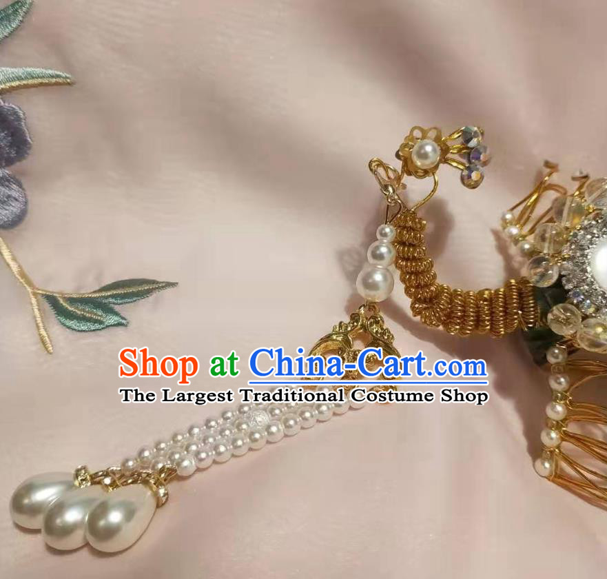 Chinese Ancient Imperial Empress Blue Crystal Phoenix Tassel Step Shake Hairpins Hair Accessories Handmade Ming Dynasty Court Golden Hair Crown