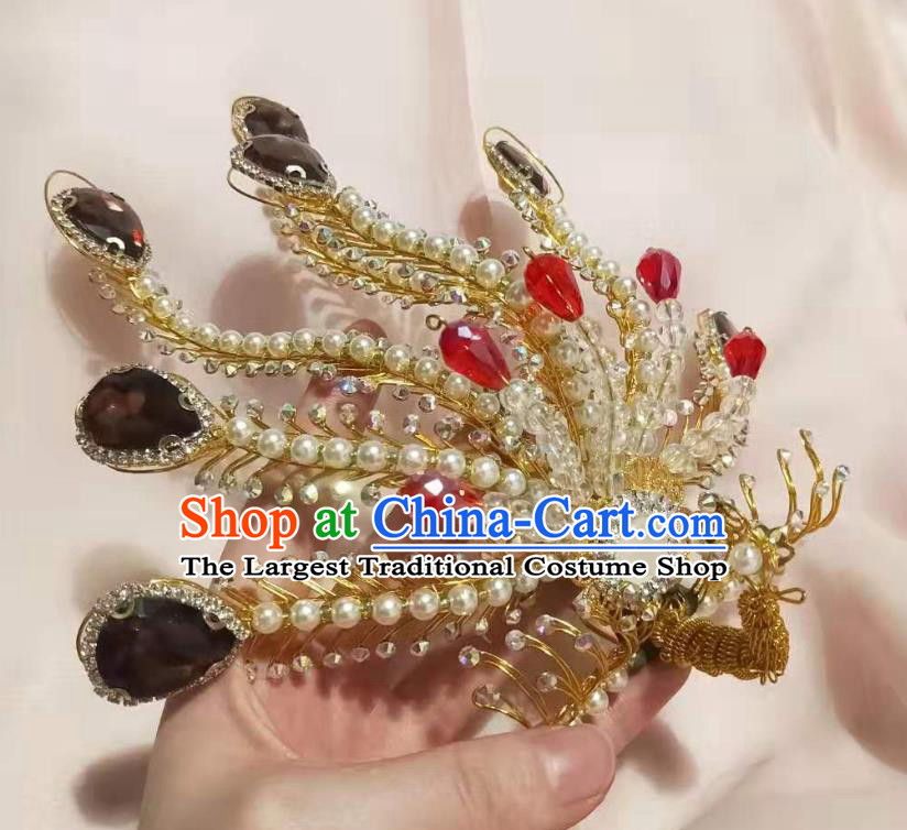 Chinese Ancient Imperial Concubine Beads Golden Hairpins Hair Accessories Handmade Ming Dynasty Court Purple Crystal Phoenix Hair Crown