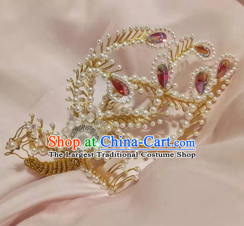 Chinese Ancient Imperial Empress Red Crystal Phoenix Hairpins Hair Accessories Handmade Ming Dynasty Court Golden Hair Crown