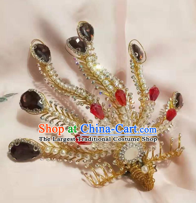 Chinese Ancient Imperial Concubine Beads Golden Hairpins Hair Accessories Handmade Ming Dynasty Court Purple Crystal Phoenix Hair Crown