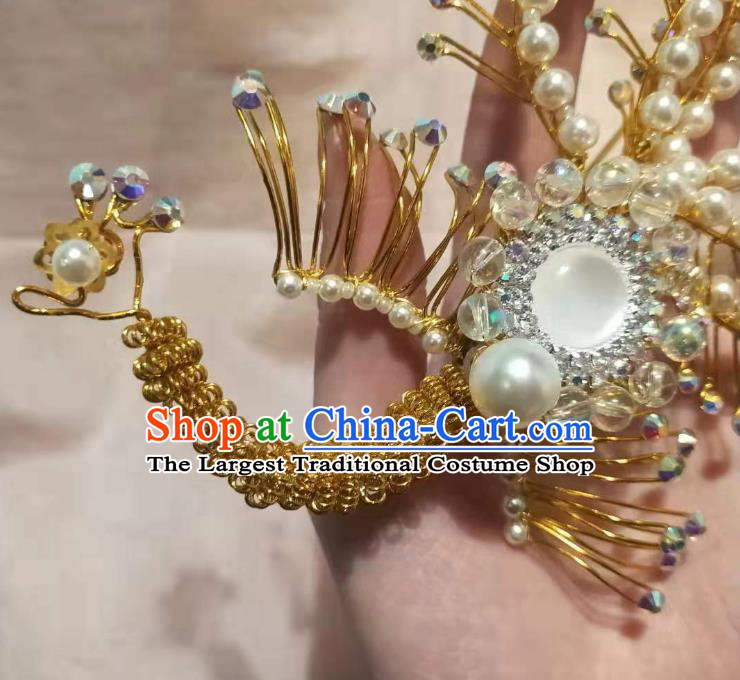 Chinese Ancient Imperial Empress Deep Blue Crystal Phoenix Hairpins Hair Accessories Handmade Ming Dynasty Court Golden Beads Hair Crown
