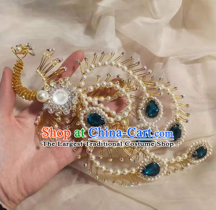 Chinese Ancient Imperial Empress Deep Blue Crystal Phoenix Hairpins Hair Accessories Handmade Ming Dynasty Court Golden Beads Hair Crown
