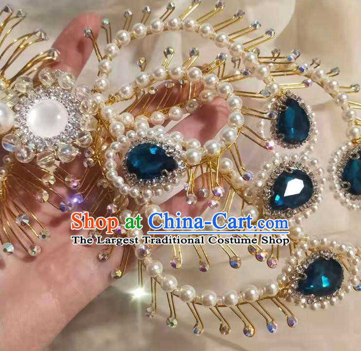 Chinese Ancient Imperial Empress Deep Blue Crystal Phoenix Hairpins Hair Accessories Handmade Ming Dynasty Court Golden Beads Hair Crown