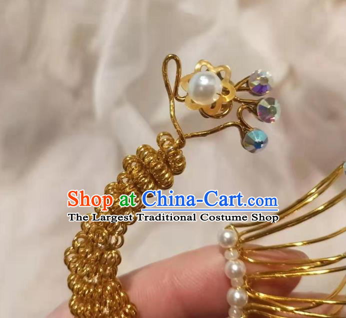 Chinese Ancient Imperial Empress Deep Blue Crystal Phoenix Hairpins Hair Accessories Handmade Ming Dynasty Court Golden Beads Hair Crown