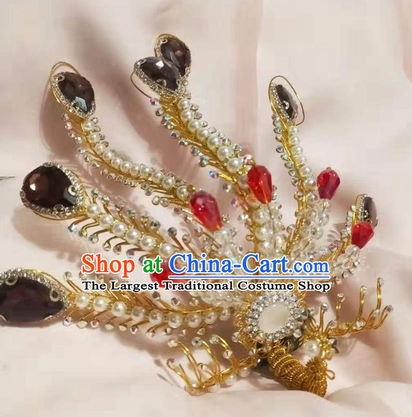 Chinese Ancient Imperial Concubine Beads Golden Hairpins Hair Accessories Handmade Ming Dynasty Court Purple Crystal Phoenix Hair Crown