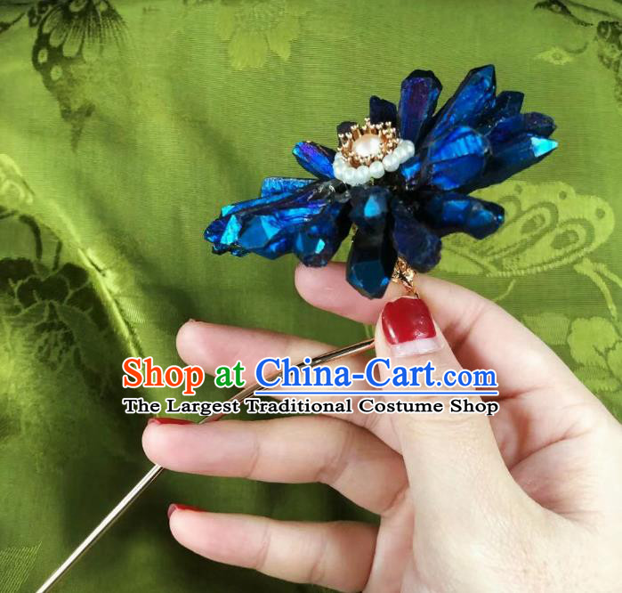 Chinese Ancient Princess Deep Blue Chrysanthemum Hairpins Hair Accessories Handmade Ming Dynasty Lapis Pearl Hair Stick