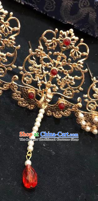 Chinese Ancient Princess Golden Phoenix Hairpins Hair Accessories Handmade Ming Dynasty Palace Tassel Hair Crown