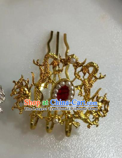 Chinese Ancient Empress Agate Golden Dragons Hair Comb Hairpins Hair Accessories Handmade Ming Dynasty Palace Pearls Hair Crown