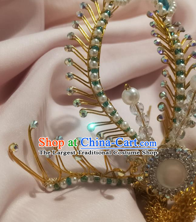 Chinese Ancient Empress Blue Crystal Hair Comb Hairpins Hair Accessories Handmade Ming Dynasty Palace Golden Phoenix Hair Crown