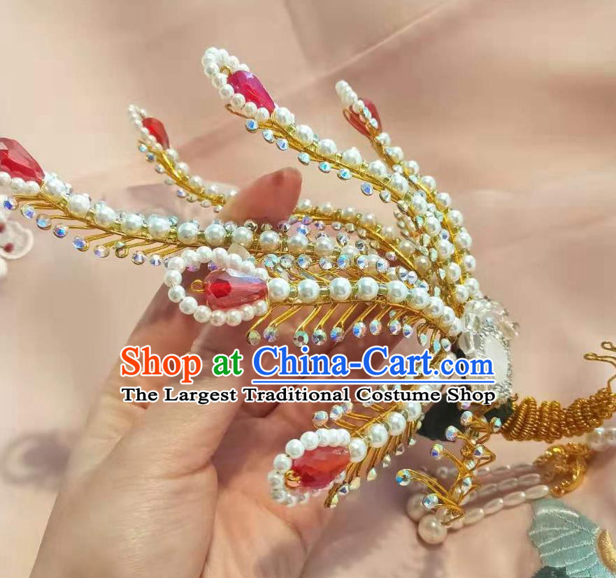 Chinese Ancient Imperial Concubine Beads Tassel Golden Hairpins Hair Accessories Handmade Ming Dynasty Court Red Beads Phoenix Hair Crown