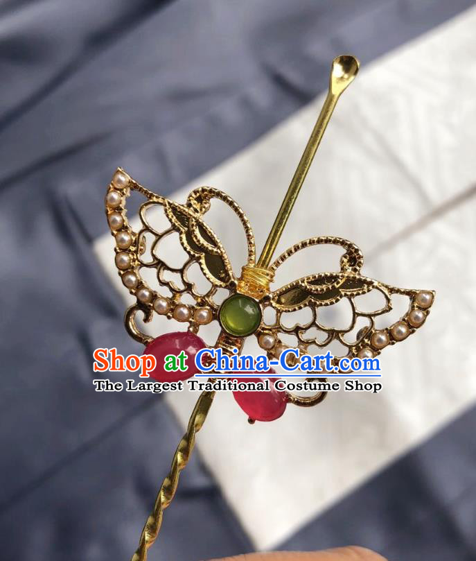 Chinese Ancient Palace Lady Pearls Butterfly Hairpins Hair Accessories Handmade Ming Dynasty Queen Gems Golden Curette Hair Stick
