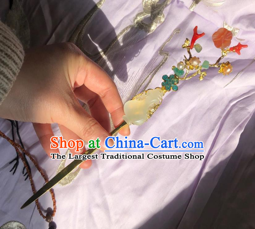Chinese Ancient Court Women Plum Blossom Hairpins Hair Accessories Handmade Qing Dynasty Palace Jade Hair Stick