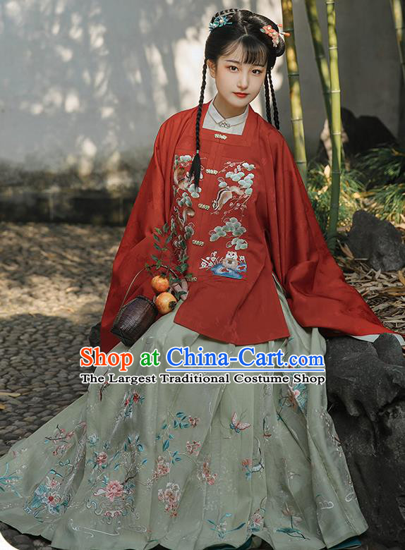 Chinese Ancient Noble Girl Hanfu Apparels Traditional Costumes Ming Dynasty Young Lady Embroidered Red Blouse and Skirt Full Set