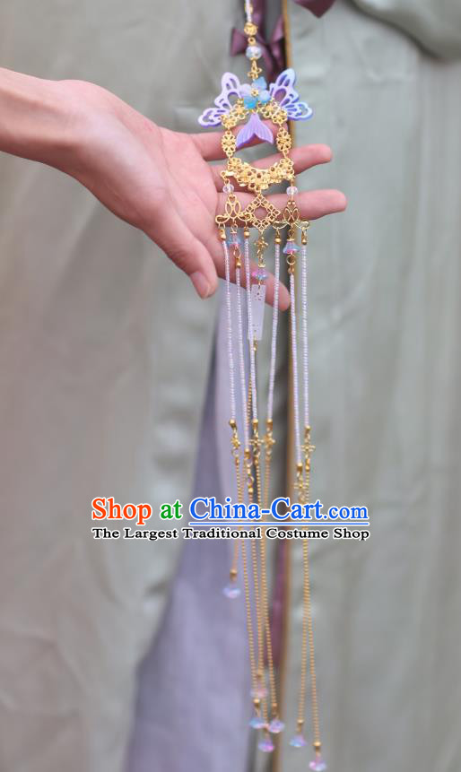 Chinese Classical Handmade Purple Butterfly Tassel Waist Accessories Ancient Princess Hanfu Belt Pendant