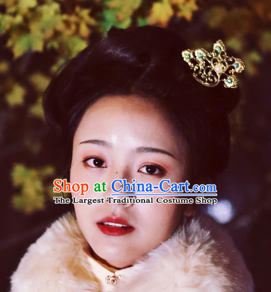 Chinese Ancient Empress Green Crystal Hairpins Hair Accessories Handmade Tang Dynasty Palace Golden Hair Stick