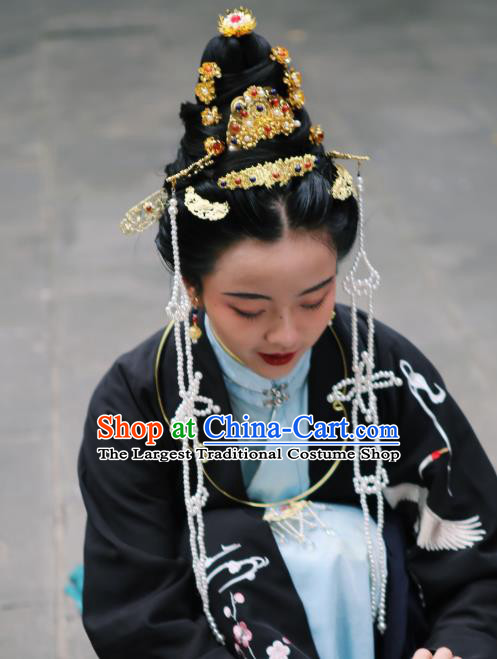 Chinese Ancient Empress Phoenix Coronet Hairpins Hair Accessories Handmade Ming Dynasty Palace Golden Hair Crown Complete Set