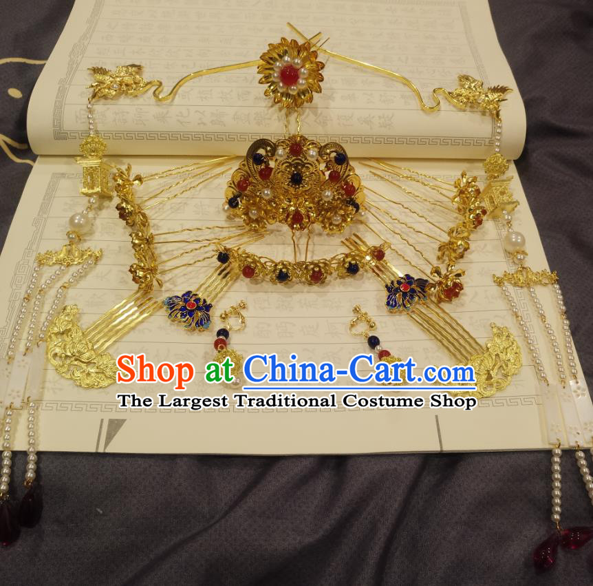 Chinese Ancient Empress Phoenix Coronet Hairpins Hair Accessories Handmade Ming Dynasty Palace Golden Hair Crown Complete Set