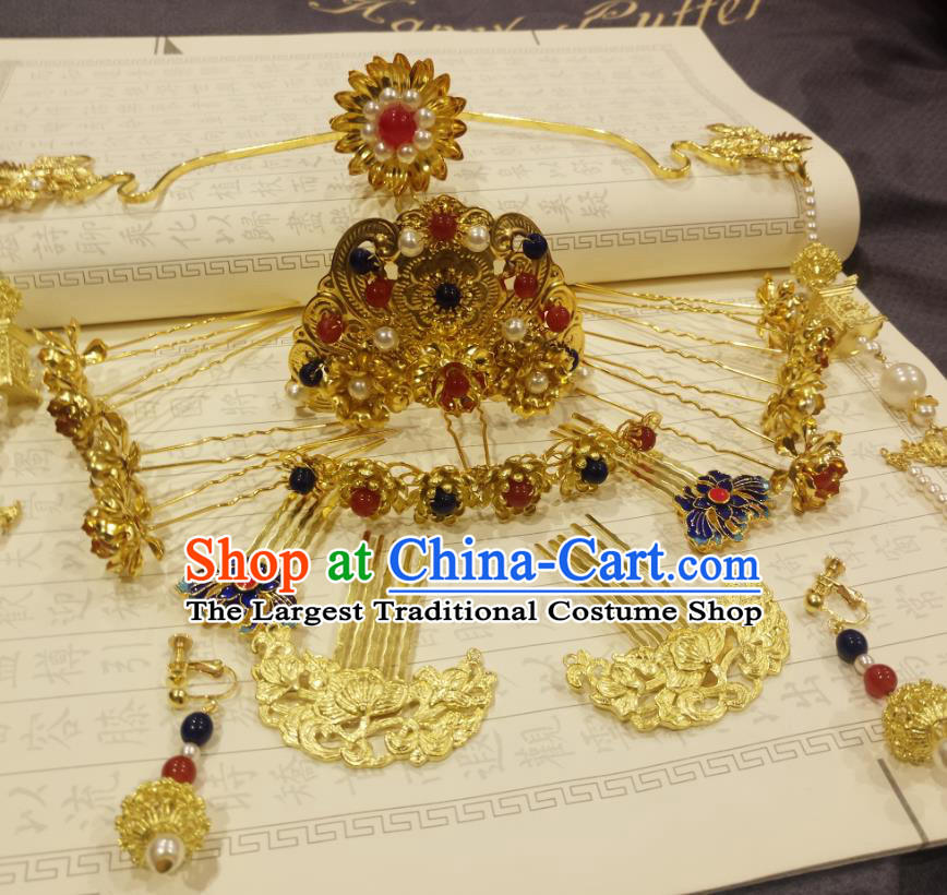 Chinese Ancient Empress Phoenix Coronet Hairpins Hair Accessories Handmade Ming Dynasty Palace Golden Hair Crown Complete Set