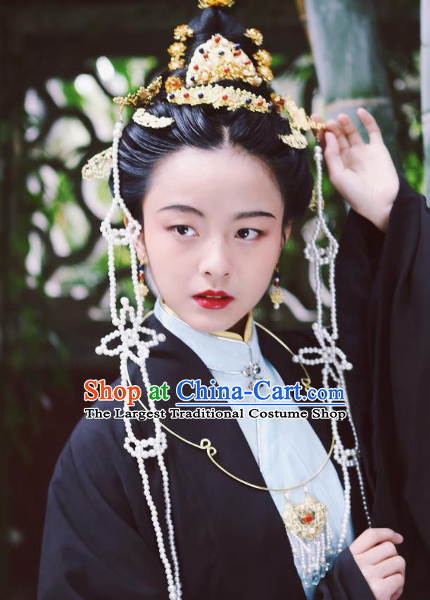 Chinese Ancient Empress Phoenix Coronet Hairpins Hair Accessories Handmade Ming Dynasty Palace Golden Hair Crown Complete Set