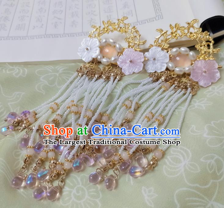 Chinese Ancient Empress Shell Flower Hair Claws Hairpins Hair Accessories Handmade Ming Dynasty Palace Tassel Hair Sticks
