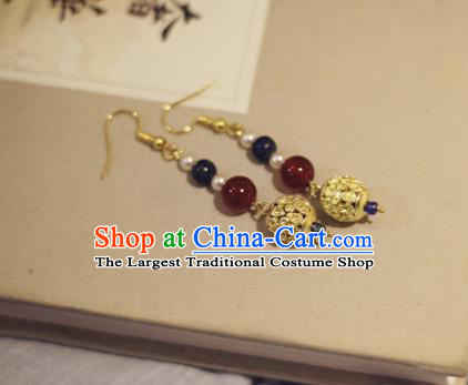 Handmade Chinese Classical Golden Eardrop Ear Accessories Ancient Ming Dynasty Princess Hanfu Garnet Earrings