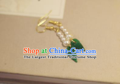 Handmade Chinese Classical Jadeite Leaf Eardrop Ear Accessories Ancient Ming Dynasty Princess Hanfu Pearls Earrings