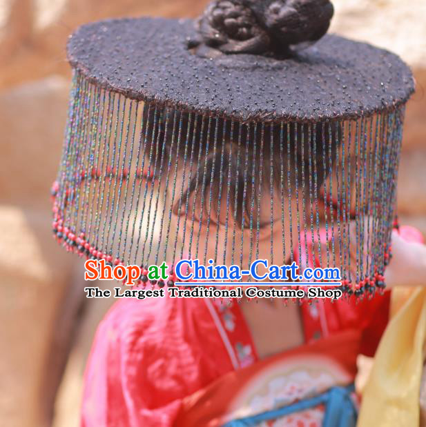 Chinese Classical Handmade Black Beads Tassel Hat Ancient Ming Dynasty Princess Hanfu Headwear