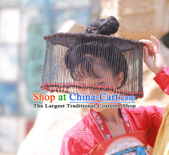 Chinese Classical Handmade Black Beads Tassel Hat Ancient Ming Dynasty Princess Hanfu Headwear
