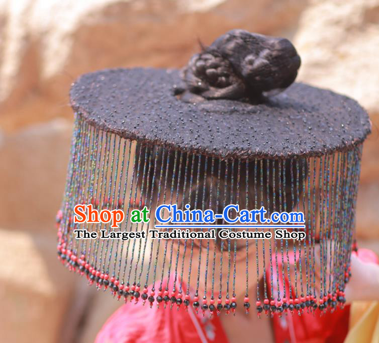 Chinese Classical Handmade Black Beads Tassel Hat Ancient Ming Dynasty Princess Hanfu Headwear