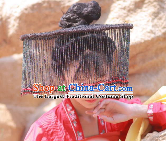 Chinese Classical Handmade Black Beads Tassel Hat Ancient Ming Dynasty Princess Hanfu Headwear