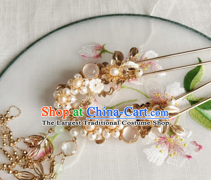 Chinese Ancient Empress Chalcedony Pearls Hairpins Hair Accessories Handmade Ming Dynasty Hanfu Golden Tassel Hair Stick