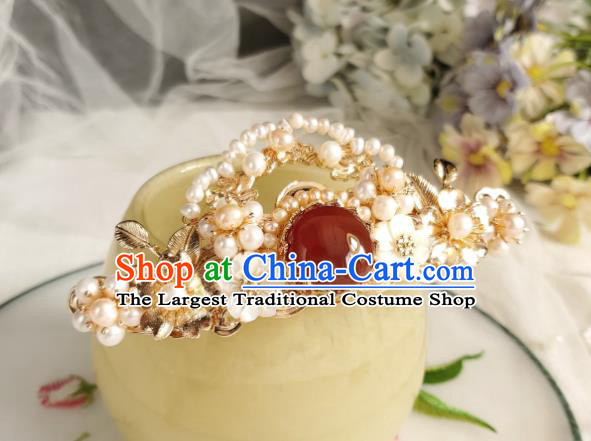Chinese Ancient Empress Red Stone Hair Crown Hairpins Hair Accessories Handmade Ming Dynasty Hanfu Pearls Hair Stick