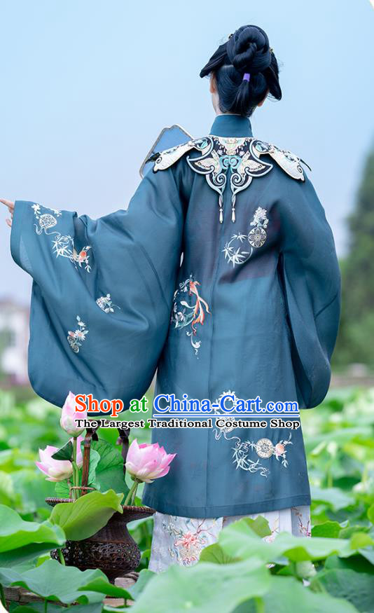 Chinese Ancient Patrician Woman Embroidered Navy Gown and Skirt Traditional Hanfu Dress Ming Dynasty Historical Costumes