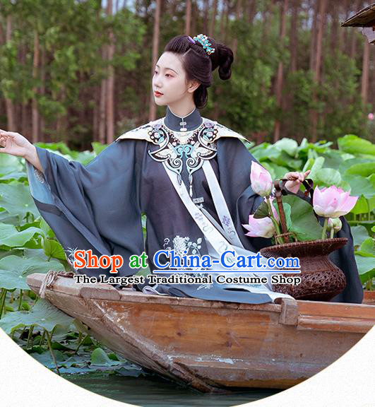 Chinese Ancient Patrician Woman Embroidered Navy Gown and Skirt Traditional Hanfu Dress Ming Dynasty Historical Costumes
