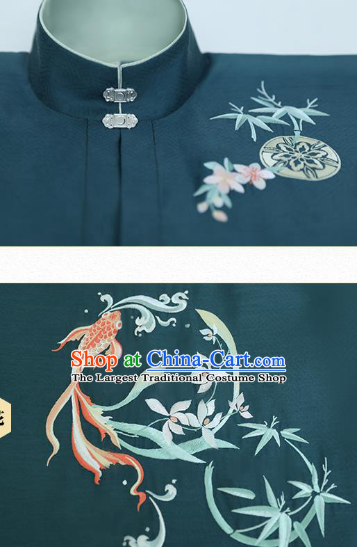 Chinese Ancient Patrician Woman Embroidered Navy Gown and Skirt Traditional Hanfu Dress Ming Dynasty Historical Costumes