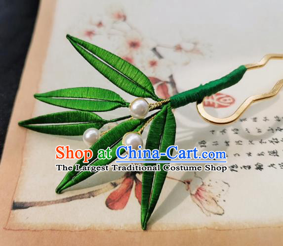 Chinese Classical Green Silk Bamboo Leaf Hair Stick Handmade Hanfu Hair Accessories Ancient Song Dynasty Court Lady Hairpins