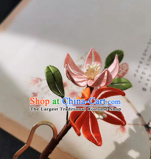 Chinese Classical Silk Peach Blossom Hair Stick Handmade Hanfu Hair Accessories Ancient Song Dynasty Court Flowers Hairpins