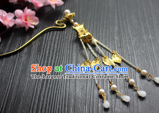 Chinese Classical Beads Tassel Hair Stick Handmade Hanfu Hair Accessories Ancient Ming Dynasty Golden Lotus Hairpins