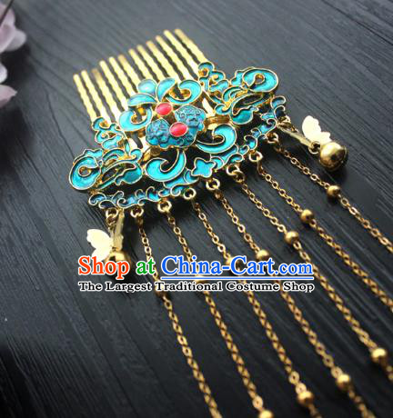 Chinese Classical Golden Bells Tassel Hair Comb Handmade Hanfu Hair Accessories Ancient Ming Dynasty Blueing Hairpins
