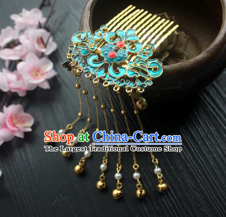 Chinese Classical Golden Bells Tassel Hair Comb Handmade Hanfu Hair Accessories Ancient Ming Dynasty Blueing Hairpins
