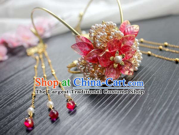 Chinese Classical Golden Pine Hair Crown Handmade Hanfu Hair Accessories Ancient Ming Dynasty Peach Blossom Tassel Hairpins