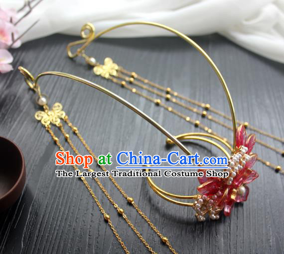 Chinese Classical Golden Pine Hair Crown Handmade Hanfu Hair Accessories Ancient Ming Dynasty Peach Blossom Tassel Hairpins