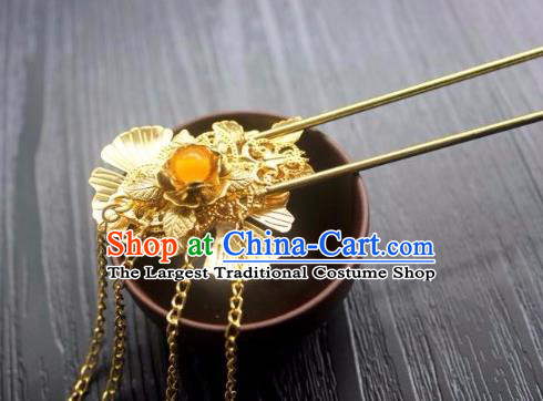Chinese Classical Hair Stick Handmade Hanfu Hair Accessories Ancient Jin Dynasty Court Golden Ginkgo Leaf Tassel Hairpins
