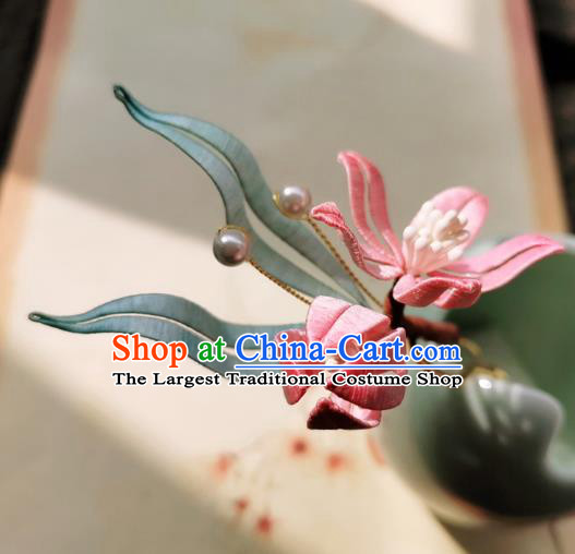Chinese Classical Silk Peach Blossom Hair Stick Handmade Hanfu Hair Accessories Ancient Song Dynasty Princess Hairpins